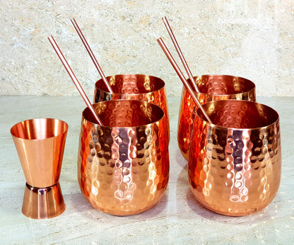 eSplanade Moscow Mule Cocktail Copper Mugs - Set of 4 Mugs, 4 Copper Straws, and a Peg Measurer (HAMMERED BRASS HANDLE)