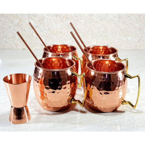 eSplanade Moscow Mule Cocktail Copper Mugs - Set of 4 Mugs, 4 Copper Straws, and a Peg Measurer
