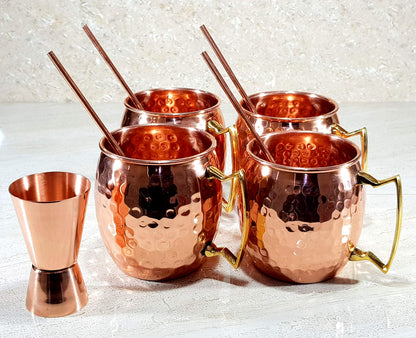 eSplanade Moscow Mule Cocktail Copper Mugs - Set of 4 Mugs, 4 Copper Straws, and a Peg Measurer (HAMMERED BRASS HANDLE)