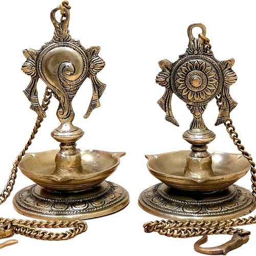 StonKraft - Pair of Brass Hanging Diya, Oil Lamp, Lamp for Home and Office (Hanging Length 25.75