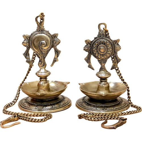 StonKraft - Pair of Brass Hanging Diya, Oil Lamp, Lamp for Home and Office (Hanging Length 25.75
