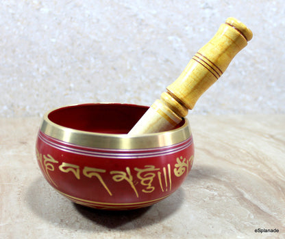 eSplanade - Tibetan Buddhist Singing Bowl Prayer Instrument with Striker Stick | OM Bell | Om Bowl | Meditation Bowl | Music Therapy (Red) 5"