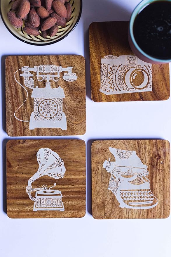 Esplanade Wooden Coasters Mandala Print - Teak Wood Table Coaster - Reversible Retro Design Set for Home Kitchen, Office Desk - Decorative Holder for Tea, Coffee Cups - Table Top Coasters - Set of 4