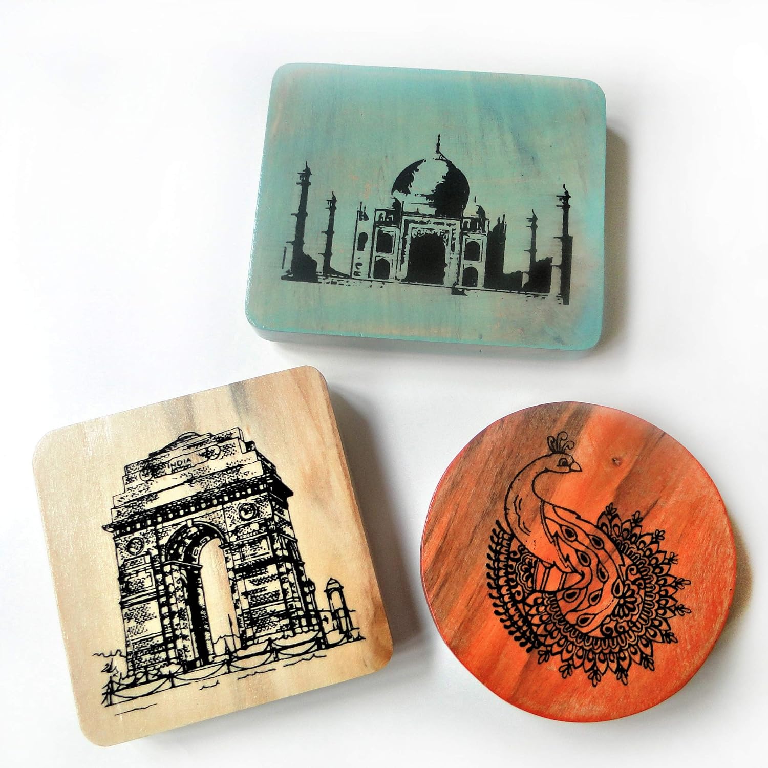 IVEI Wooden Magnets Taj Mahal, India Gate, Peacock Print, Fridge Magnet, Innovative Magnets for Home and Kitchen Decoration - Independence Day Gifts (Set of 3)
