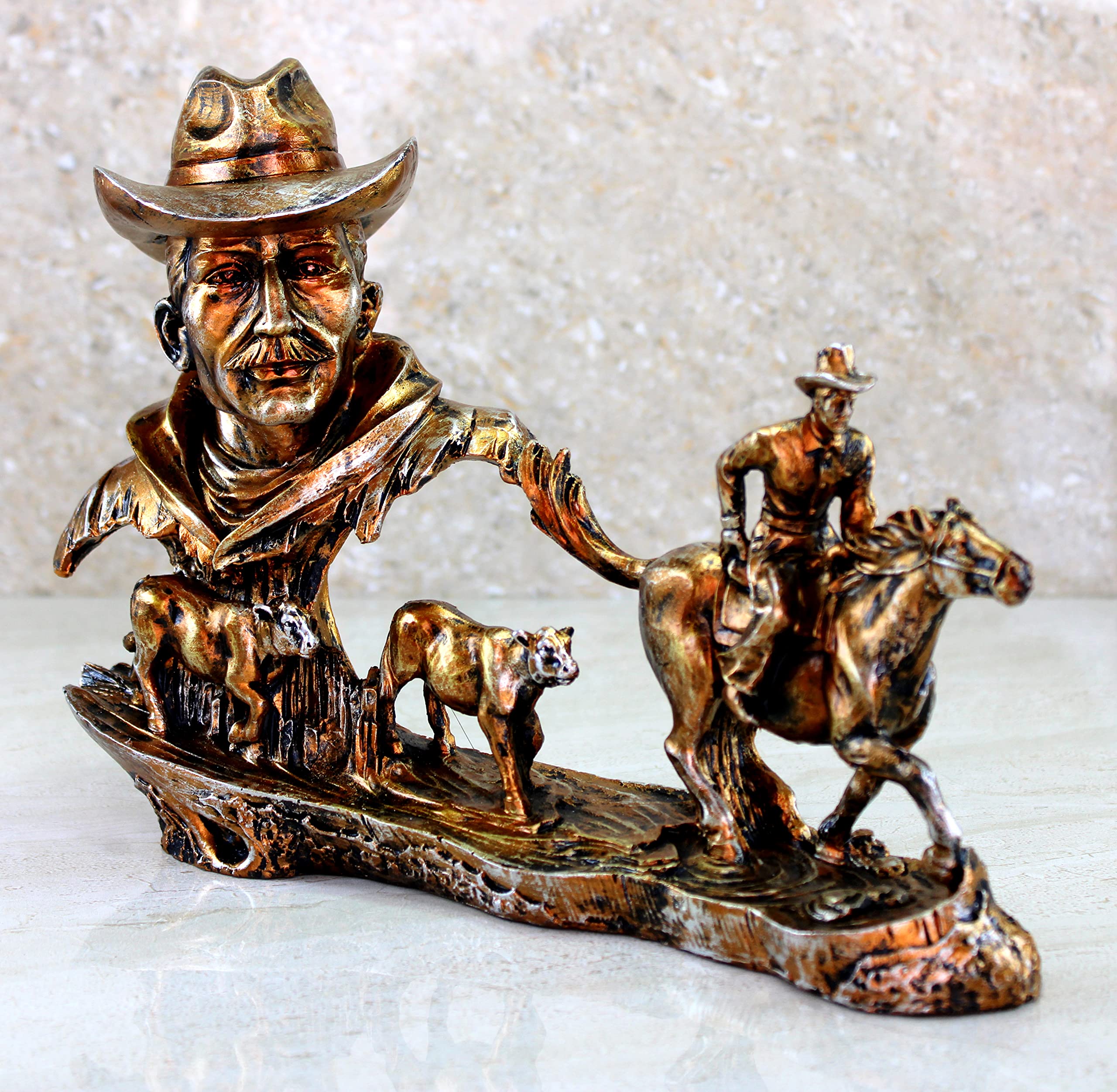 eSplanade Resin Cowboys with Horse, Cow Decorative Sculpture Showpiece Figurine - Home Decor - Grey Brown & Golden Brown- 9" Inches (Height)
