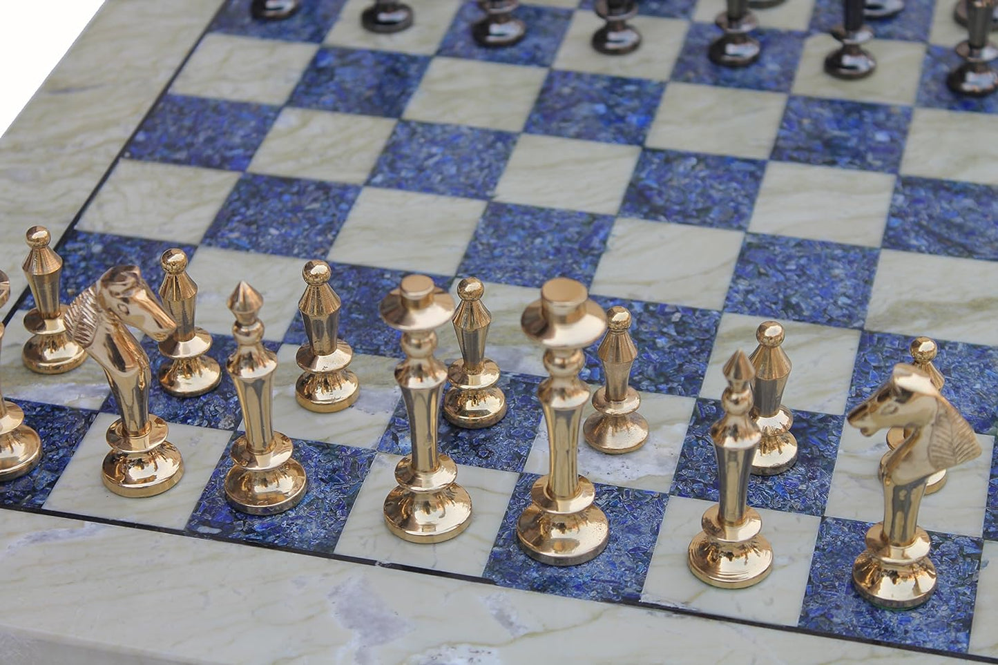 StonKraft Collectible Australian Marble and Lapis Lazuli Chess Board Set + Brass Chess Pieces Pawns - Decorative Stone Chess - 15" Inches