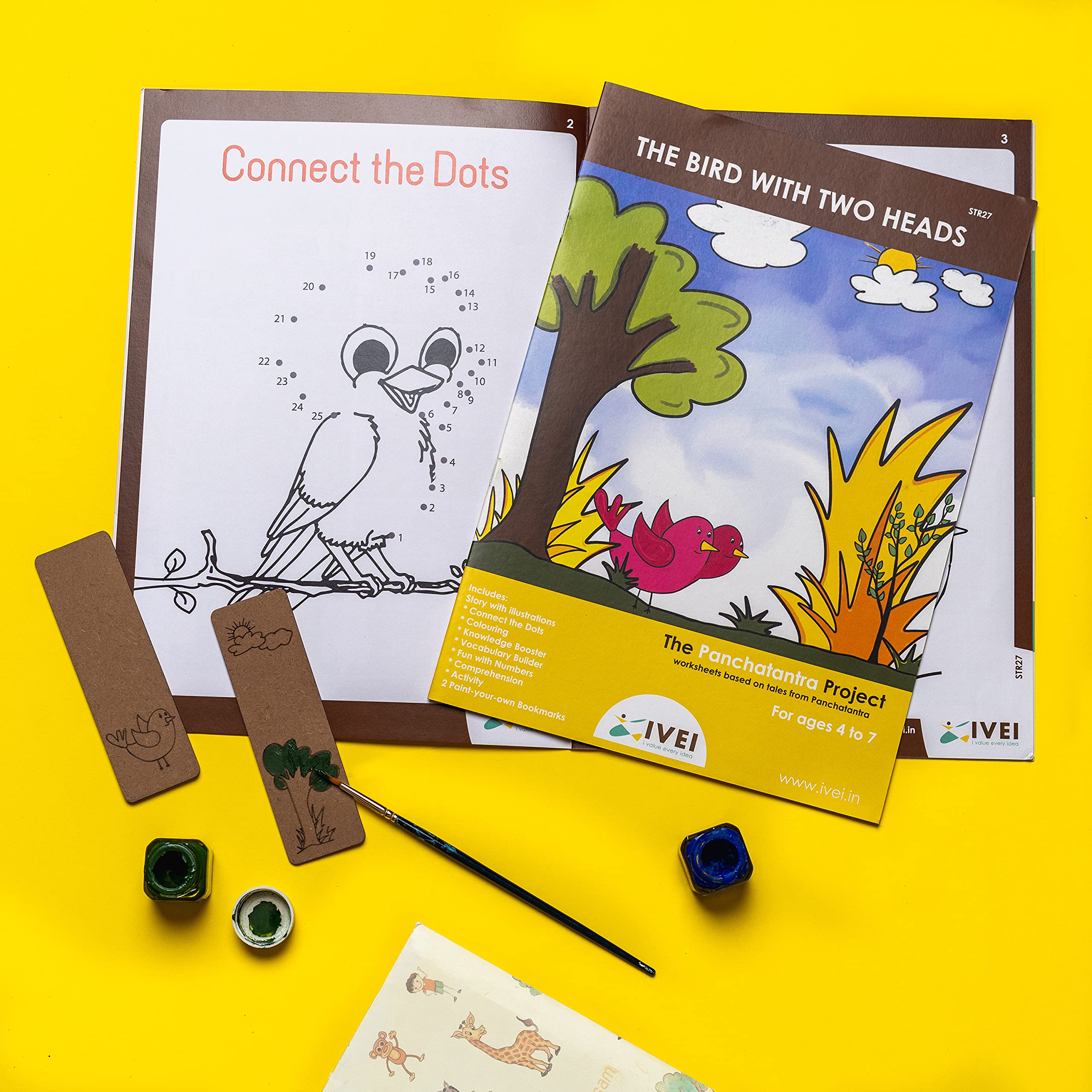 IVEI Panchatantra Story Kids Learning Book - Workbook and 2 DIY Bookmarks - Colouring Activity Worksheets - Creative Fun Activity and Education for Kids - The Bird with Two Heads ( Age 4 to 7 Years )