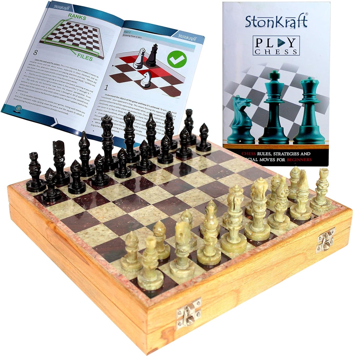 StonKraft - 10" X 10" Chess Board with Wooden Base & Stone Inlaid & Stone Pieces Game Set