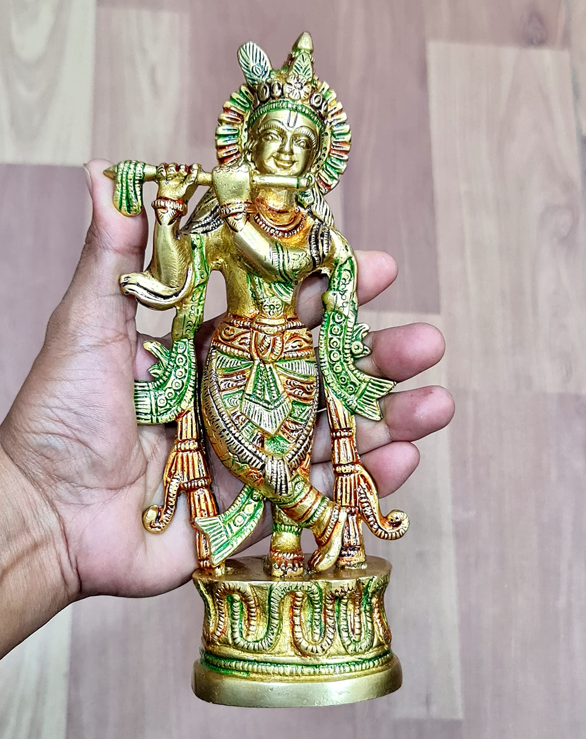 StonKraft - Lord Krishna Kishan Kanha with Kamdhenu Cow Murti Idol Statue Sculpture - Brass - 8" & 9" - Multicolor