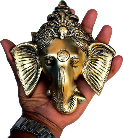 StonKraft - 6" Brass Ganesh/Ganesha Door Hanging - Beautiful Ganesh Face Murti Idol Statue Sculpture Wall Hanging of Brass (6"x 5") - Great Gift Choice