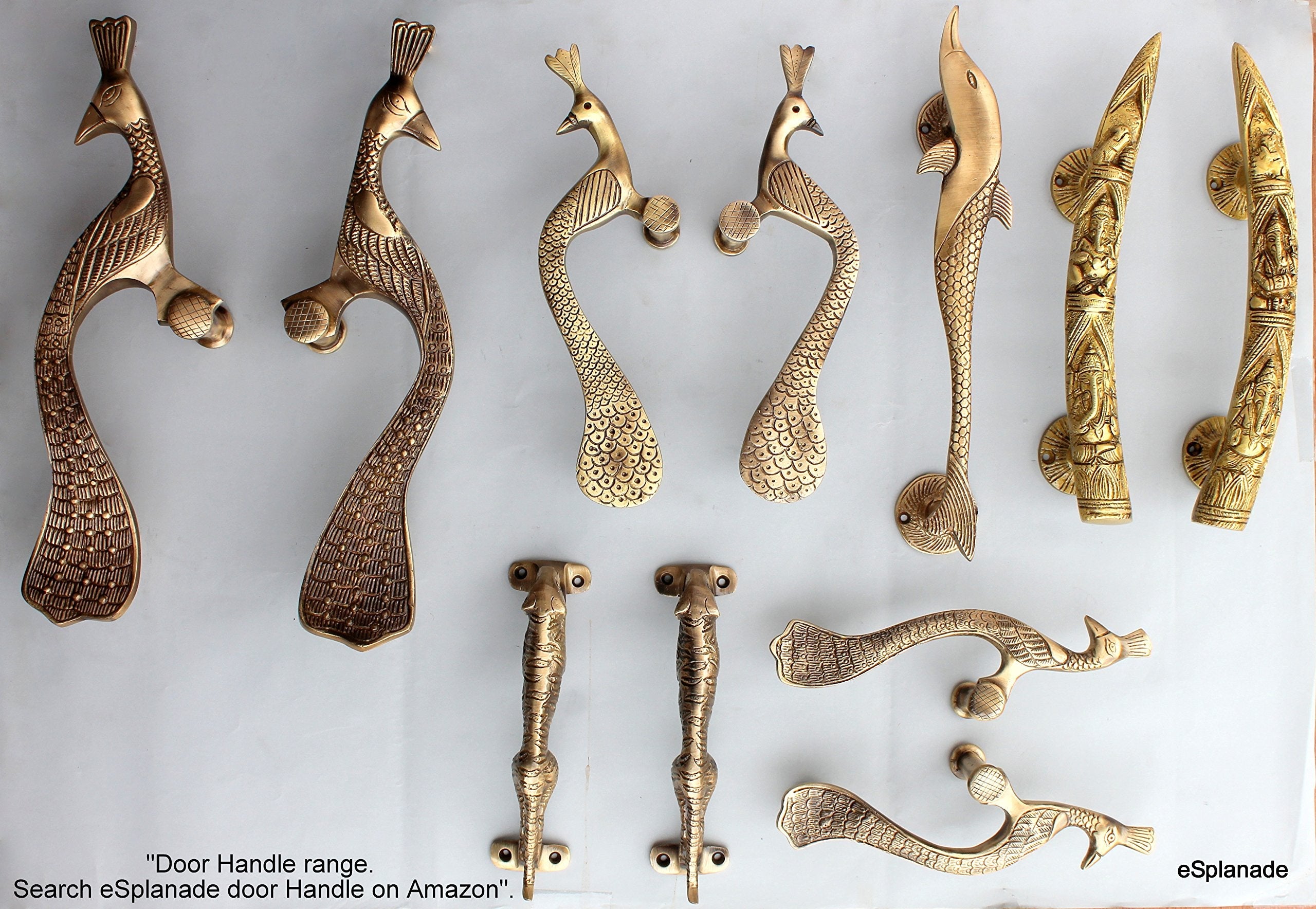 eSplanade - Designer Pair of Brass Door Handles (2 pcs) | Handle-Sets | Door Decor | Brass Door Pulls - Peacock Shaped