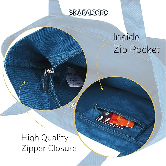 SKAPADORO Canvas Big Zip Handbag Tote,100% Cotton, Inner pocket, Unisex Embroidered Comfortable Bag for Travel Office Beach Shopping, Easy to Wash Trendy Everyday Shoulder Bag