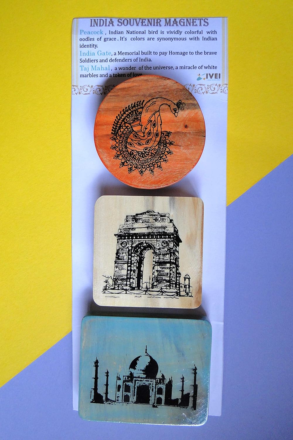 IVEI Wooden Magnets Taj Mahal, India Gate, Peacock Print, Fridge Magnet, Innovative Magnets for Home and Kitchen Decoration - Independence Day Gifts (Set of 3)