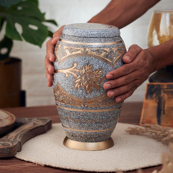Esplanade Brass Urn for Ashes Adult Male Female – 10" Cremation Urn for Human Ashes, Full Size Large Urn, Engraving Design in Grey Golden Colour, Funeral Vase with Velvet Bag - for 80kg Adult