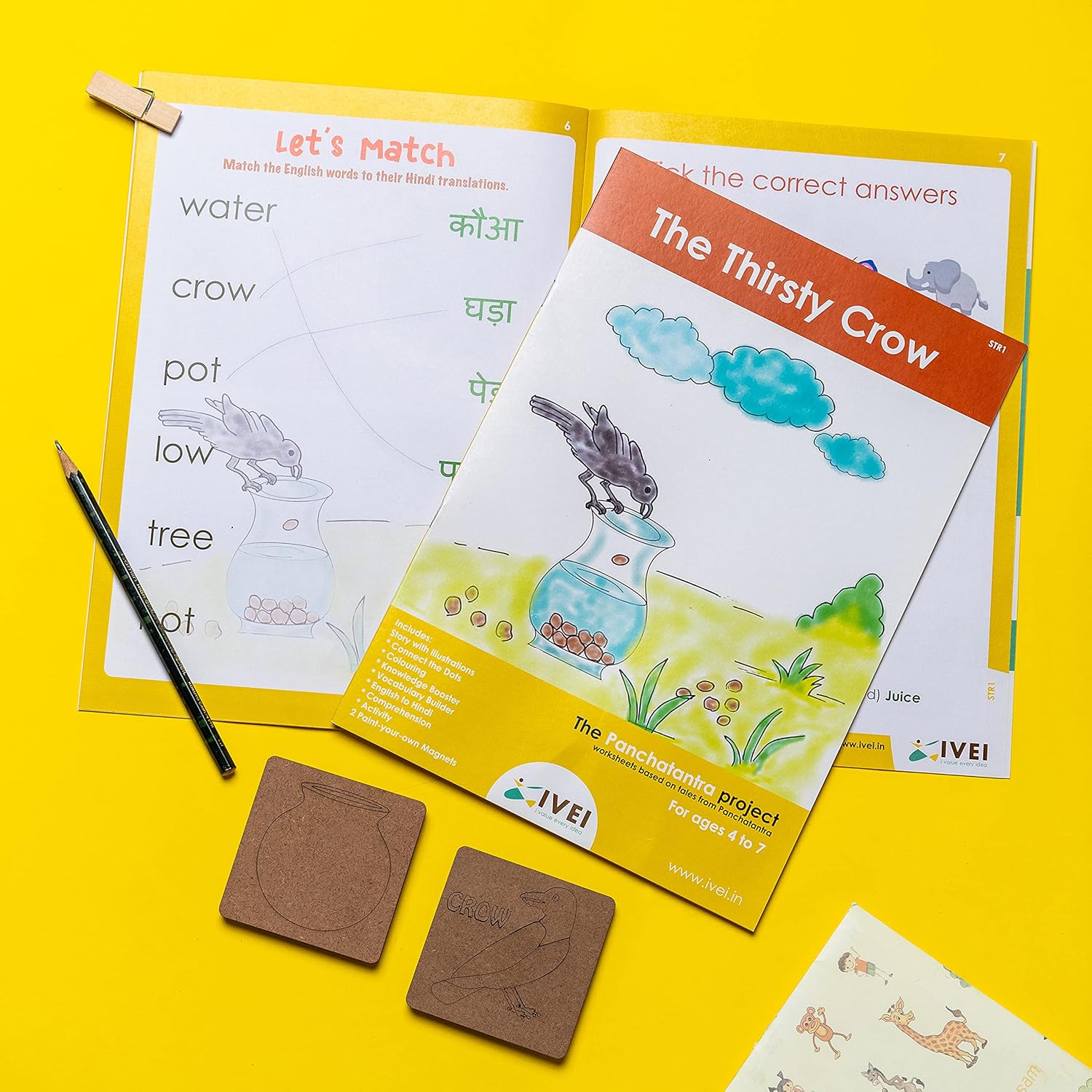 IVEI Panchatantra Kids Learning Book - Workbook and 2 DIY Magnets of Panchatantra Story - Colouring Activity Worksheets - Creative Fun Activity and Education For Kids - The Thristy Crow ( Age 4 to 7 Years )