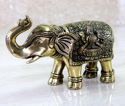 eSplanade Brass Elephant | Handmade Laxmi Ganesh Carving Maharaja Elephant Idol for Decoration (Brass/Elephant/3")