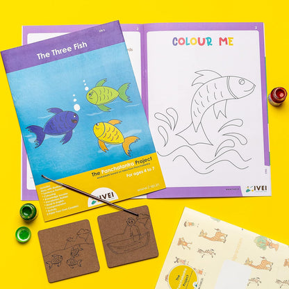 IVEI Panchatantra Kids Learning Book - Workbook and DIY coasters of Panchatantra Story - Colouring Activity Worksheets - Creative Fun Activity and Education For Kids - The Three Fish ( Age 4 to 7 Years )