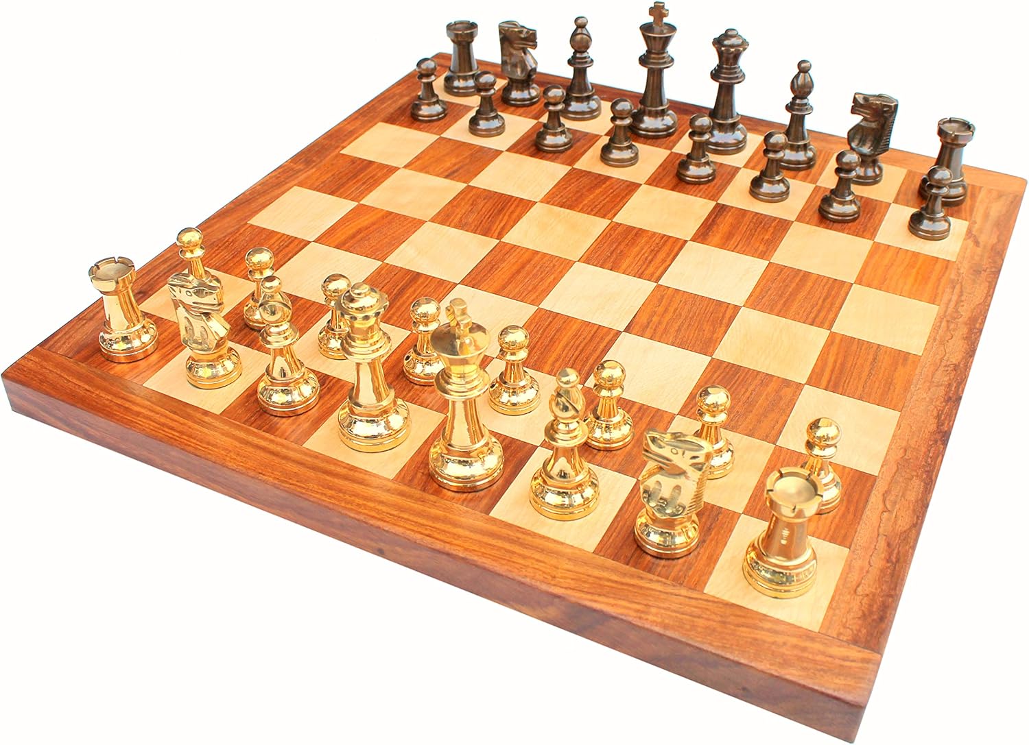 16" X 16? Collectible Acacia Wood Chess Game Board Set+Brass Pieces