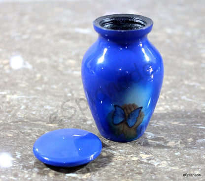 eSplanade Metal Mini Cremation Urn Keepsake Memorial Jar Pot Container |Small Urn for Funeral Ashes Burial | Butterfly in Hands Printed Keepsake | Blue - 3" Inches