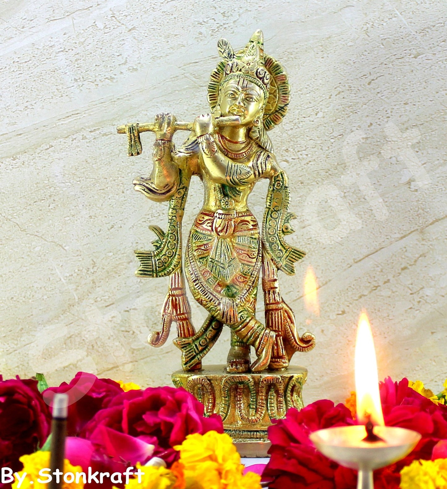 StonKraft Brass Krishna Laddoo Gopal Kanha Makhan Chor Statue Idol Murti Sculpture (Small Size)