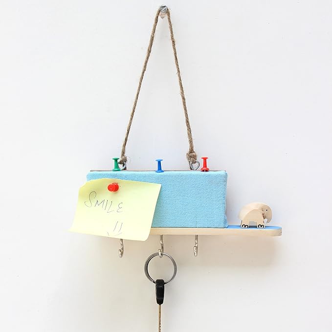 ESPLANADE Key Holder with Mini Pinboard - Stylish Wooden Key Holder with Pin-up Board - Key Organizer Wall Hooks - for Wall, Home Office Decor with Handcrafted Elephant - Blue