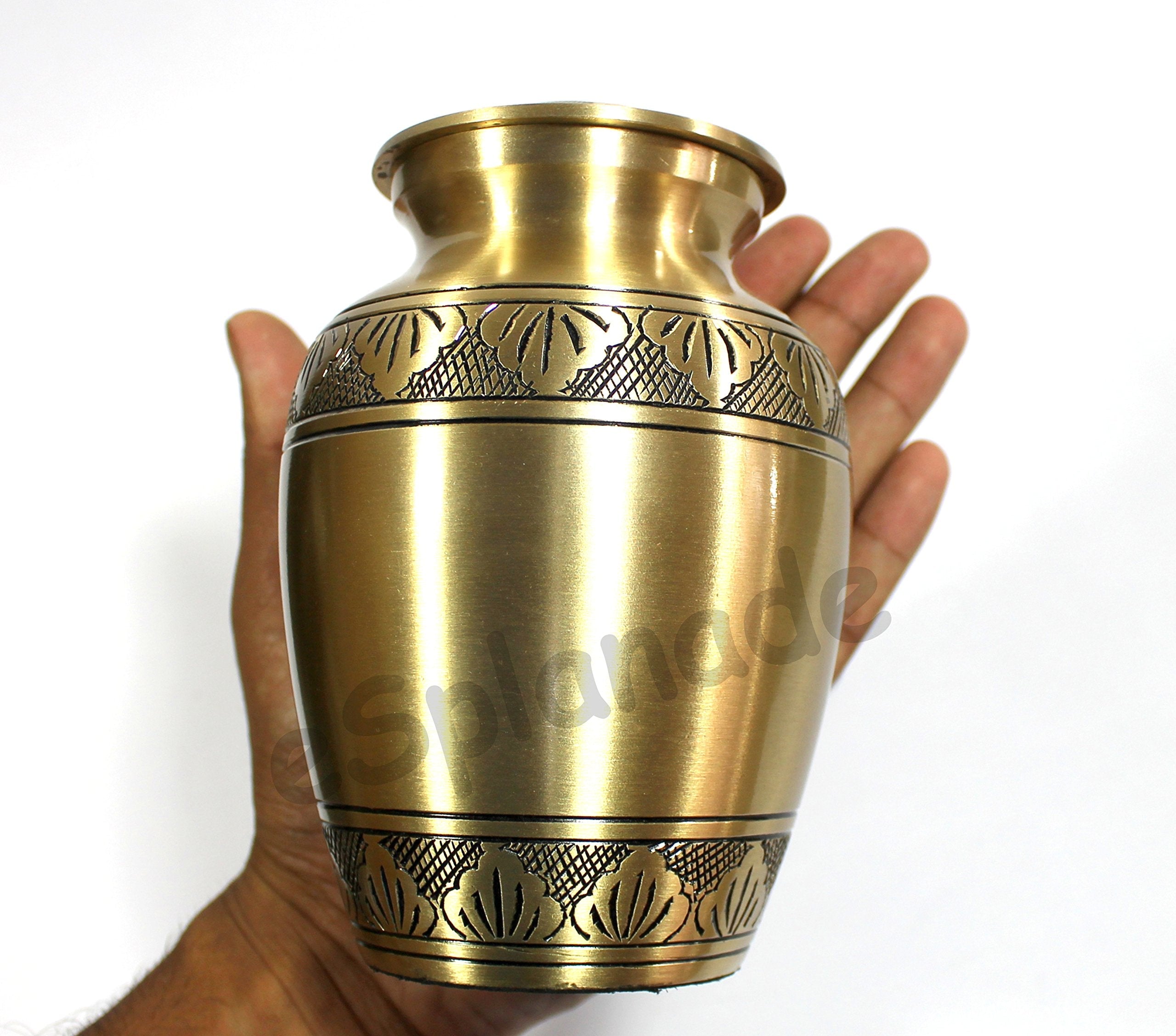 eSplanade Brass Cremation Urn Memorial Jar Pot Container | Medium Size Urn for Funeral Ashes Burial | Engraved Metal Urn | Multicolor- 6" Inches