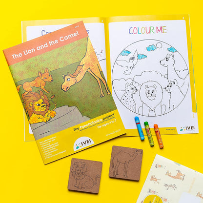 IVEI Panchatantra Kids Learning Book-Workbook and 2 DIY Magnets of Panchatantra Story-Colouring Activity Worksheets-Creative Activity and Education for Kids-The Lion and The Camel(Age 4 to 7 Years)