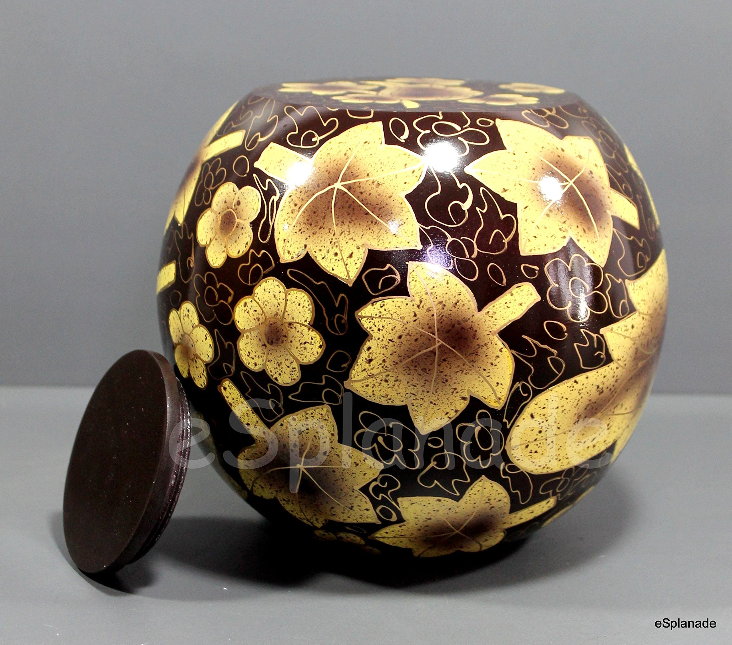 eSplanade Metal Cremation Urn Memorial Jar Pot Container | Full Size Round Shape Urn for Funeral Ashes Burial | Maple Leaves and Flowers Print | Brown - 8" Inches