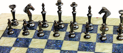 StonKraft Collectible Australian Marble and Lapis Lazuli Chess Board Set + Brass Chess Pieces Pawns - Decorative Stone Chess - 15" Inches