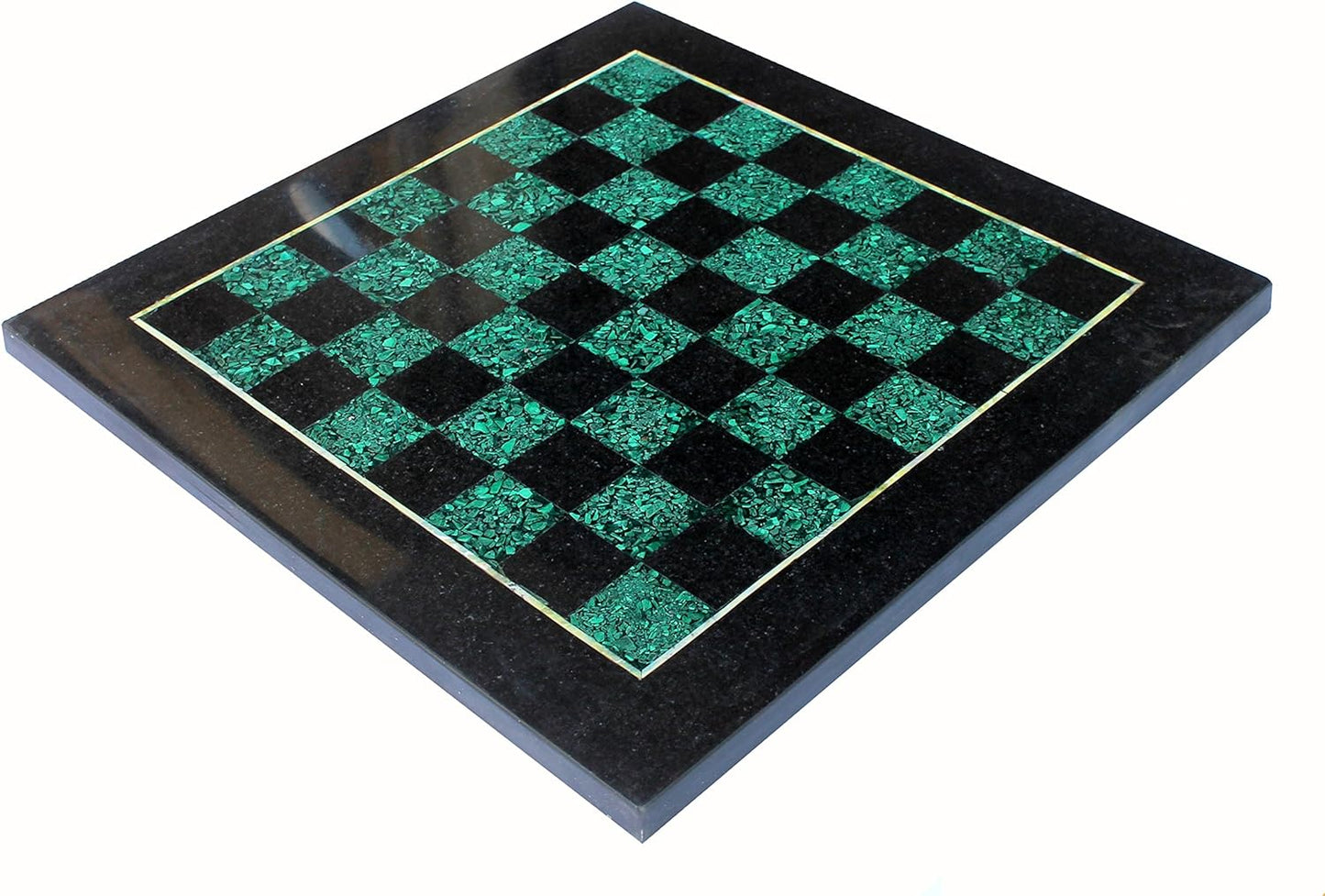 StonKraft Collectible Black Marble and Malachite Stone Chess Board Set + Brass Chess Pieces Pawns - Decorative Stone Chess - Home DŽcor - 15" Inches