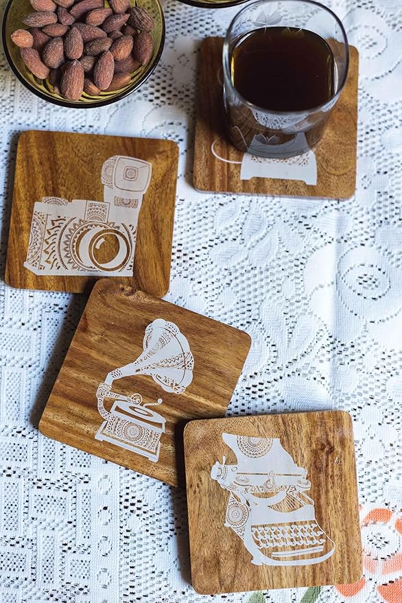 Esplanade Wooden Coasters Mandala Print - Teak Wood Table Coaster - Reversible Retro Design Set for Home Kitchen, Office Desk - Decorative Holder for Tea, Coffee Cups - Table Top Coasters - Set of 4