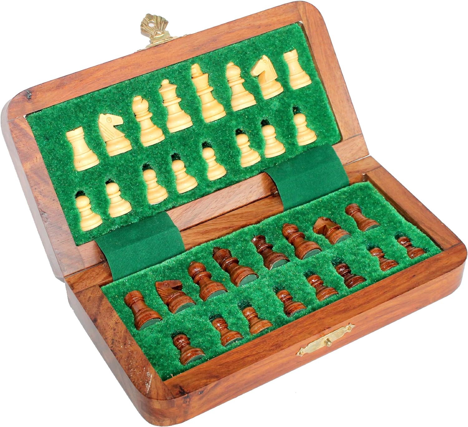 Handmade Wooden Rosewood Foldable Magnetic Chess Game Board with Storage Slots, 7 Inch