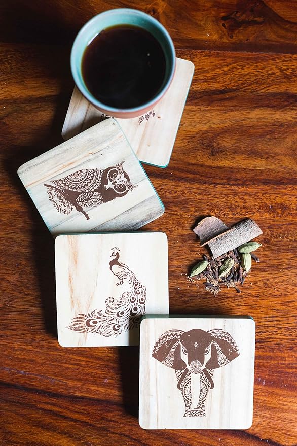 Esplanade Wooden Coasters Mandala Print - Teak Wood Table Coaster - Reversible Animal Design Set for Home Kitchen, Office Desk - for Tea or Coffee Cups - Table Top Coasters - Set of 4