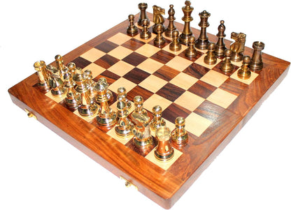 StonKraft 14" X 14 Wooden Chess Game Board Set + Brass Chess Pieces Staunton, best gift idea for birthday and Christmas