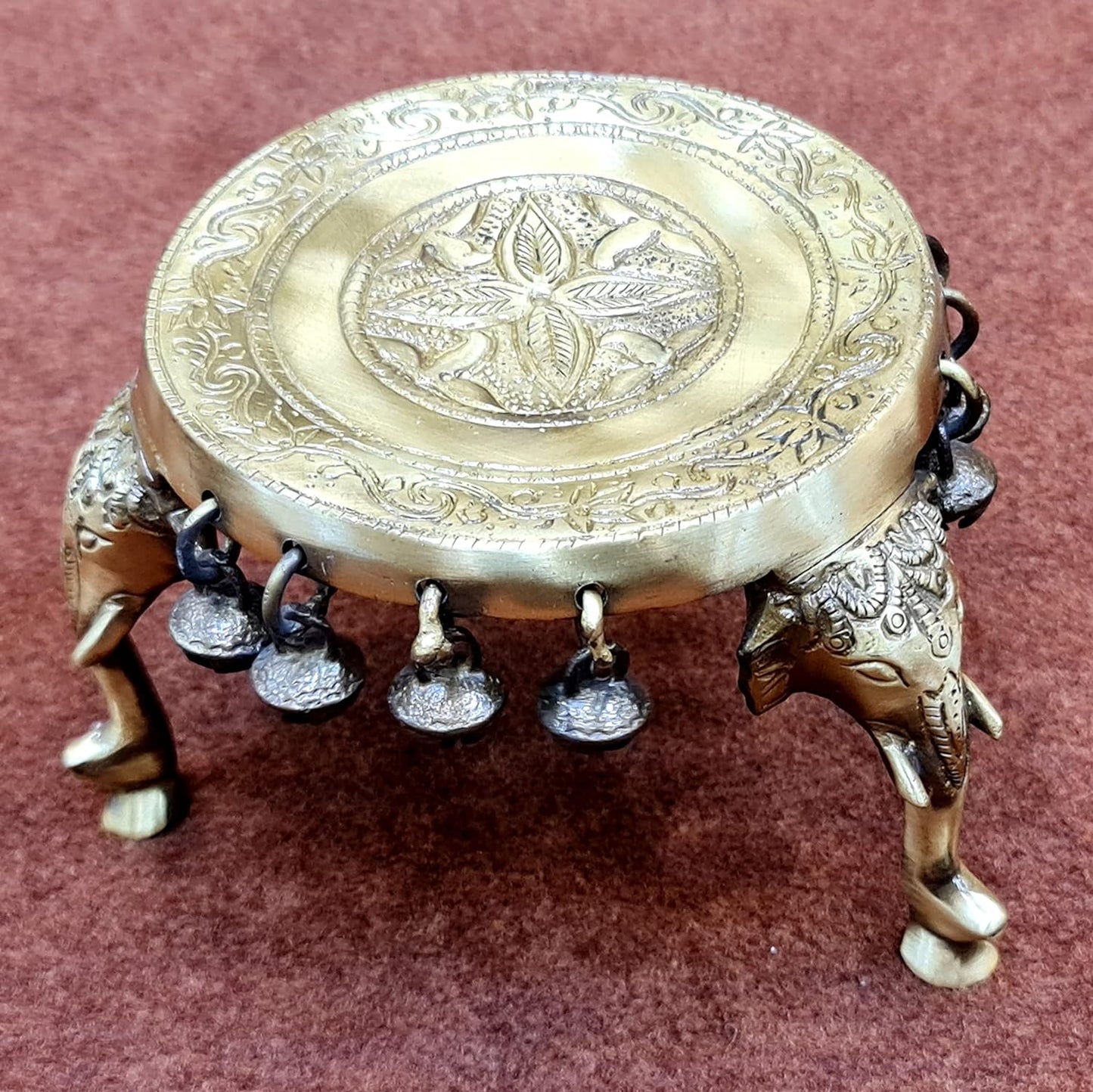 eSplanade Brass Round Mandir Chowki | Elephant Pillars Pooja God Stool with Ghungroo