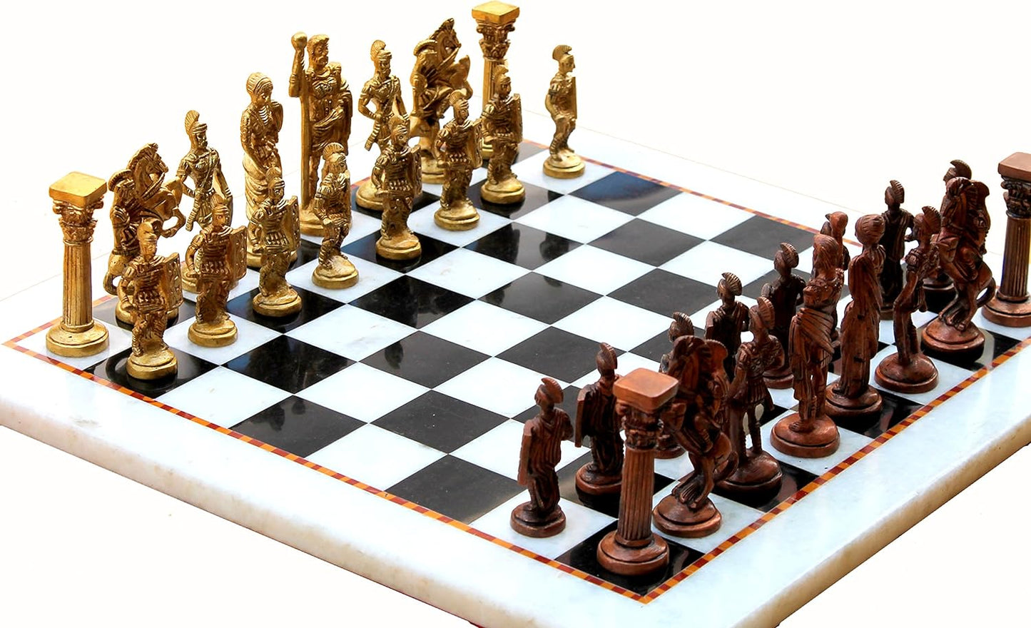 Stonkraft Collectible White & Black Marble Chess Board Set + Brass Roman Pieces - Decorative Stone Chess - Home DŽcor - 15" Inches