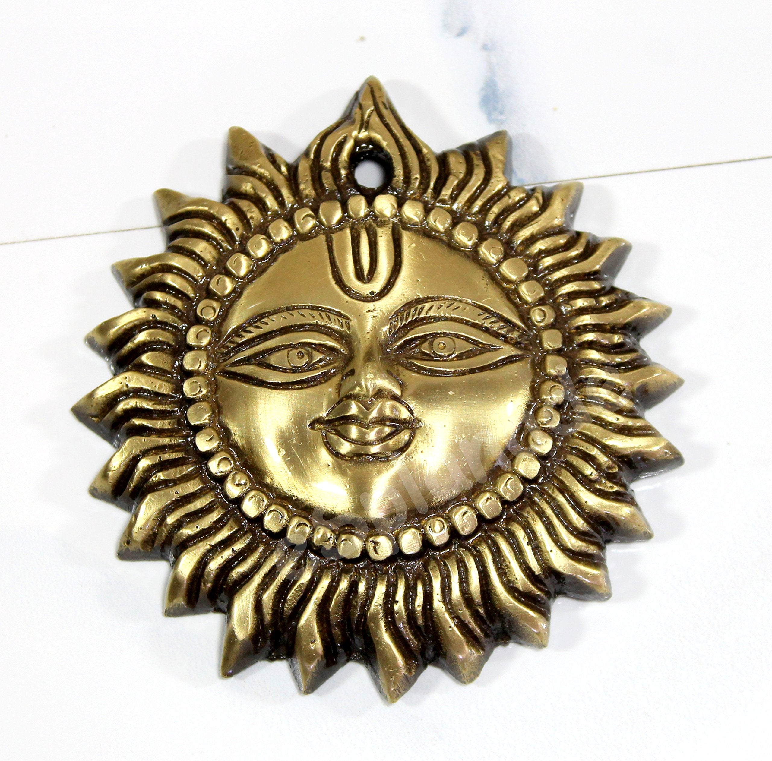 eSplanade 4" Brass Sun God Smiling Surya Bhagwaan Idol Statue Sculpture Wall Hanging