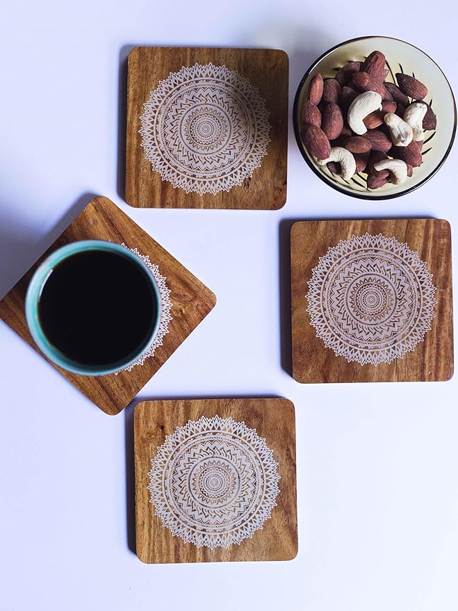 Esplanade Wooden Coasters Mandala Print - Teak Wood Table Coaster - Reversible Retro Design Set for Home Kitchen, Office Desk - Decorative Holder for Tea, Coffee Cups - Table Top Coasters - Set of 4