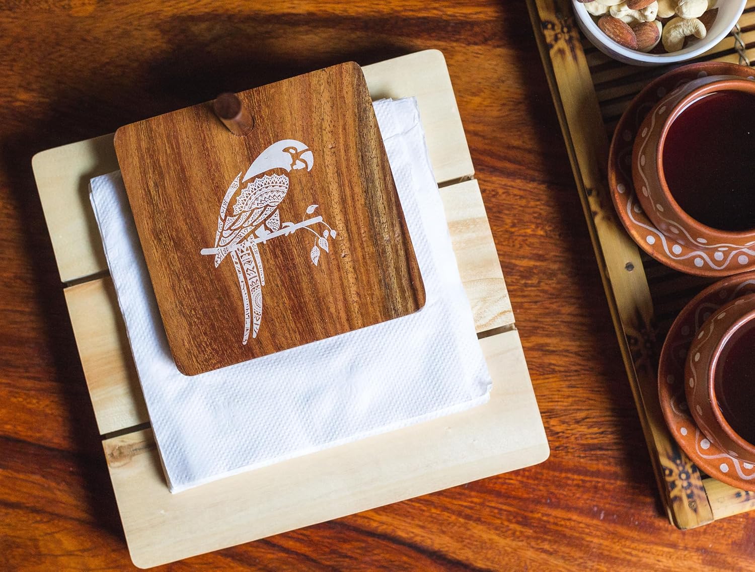Esplanade Wooden Tissue Holder – Parrot Print Tissue Paper Holder - Smart Napkin Holder - Antique Handcrafted Decorative Wooden Holder - Tissue Holder for Table Office and Home