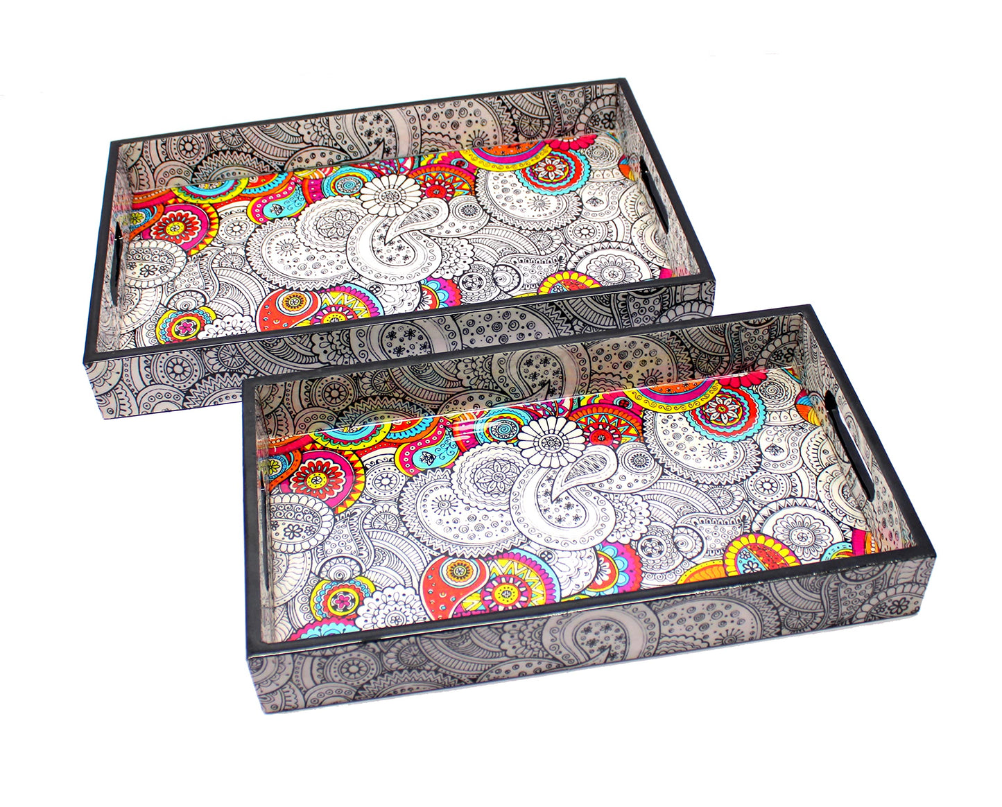 eSplanade Wooden Serving Trays - Set of 2 - Home Office Dining Table Multipurpose Serveware - 16" x 10" Inches - Multicolour