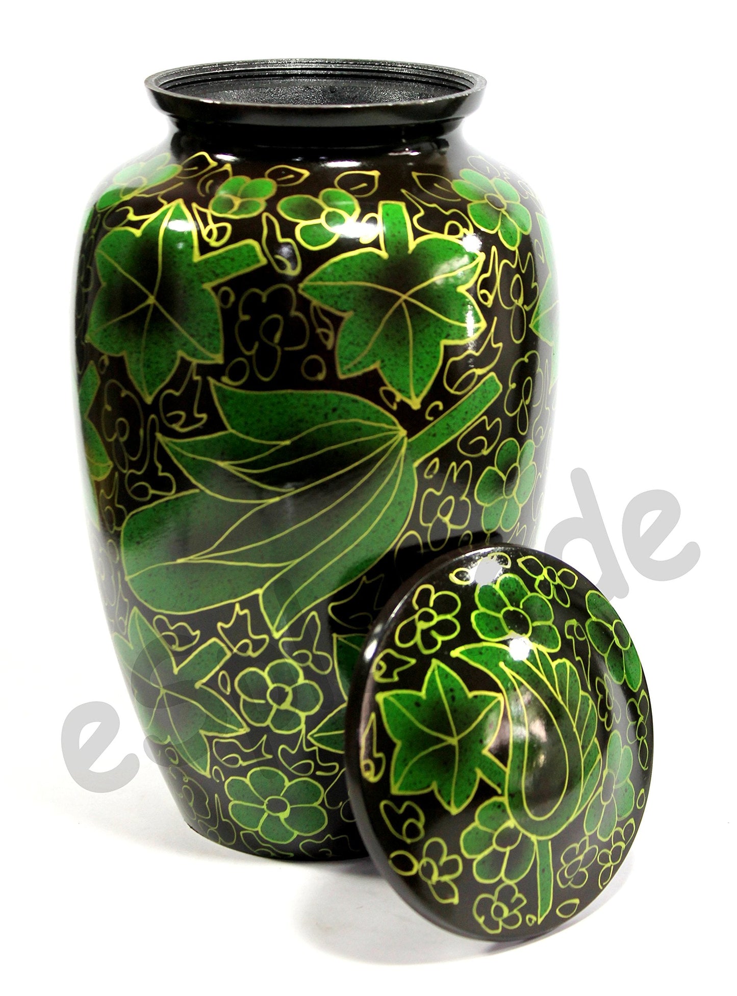 eSplanade Metal Cremation Urn Memorial Jar Pot Container | Full Size Urn for Funeral Ashes Burial | Maple Leaf Print | Green - 10" Inches