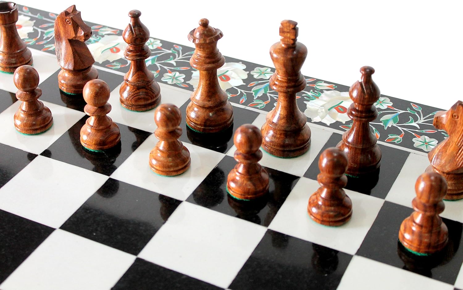 StonKraft Collectible Black & White Marble Stone Chess Board Set + Wood Crafted Pieces - Coffee Table Centre Table Top Without Stand - Pietra Dura Inlay Work - 24" Inches