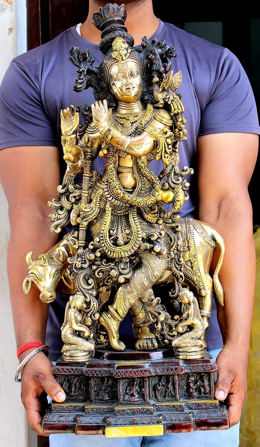 eSplanade Brass Krishna with Cow, Gopal, Kishan Thakurji Murti Idol Statue Sculpture or Pooja Idols for Home Decor (Very Big Size' 31" inches)