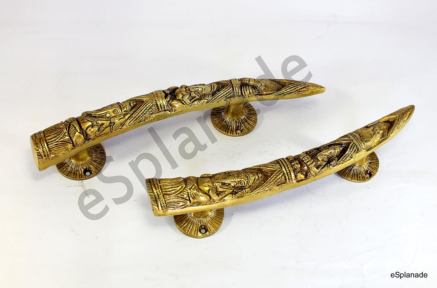 eSplanade - 11" Tusker Style Ganesha Carving Brass Door Handle Pair - Set of 2 | Home Decor | Door Decor | Pair of Brass Door Handles | Pair of Brass Door Pulls
