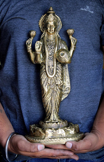 eSplanade Brass Laxmi Lakshmi Goddess Murti Idol Sculpture Statue | Pooja Idols - Home Decor | Golden - 15" Inches (Big Size)