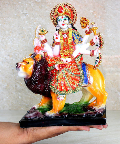 Esplanade Resin Maa Durga MATA Rani Sherawali Murti Idol Statue Sculpture - Multicolour (8 x 11.5 Inches)