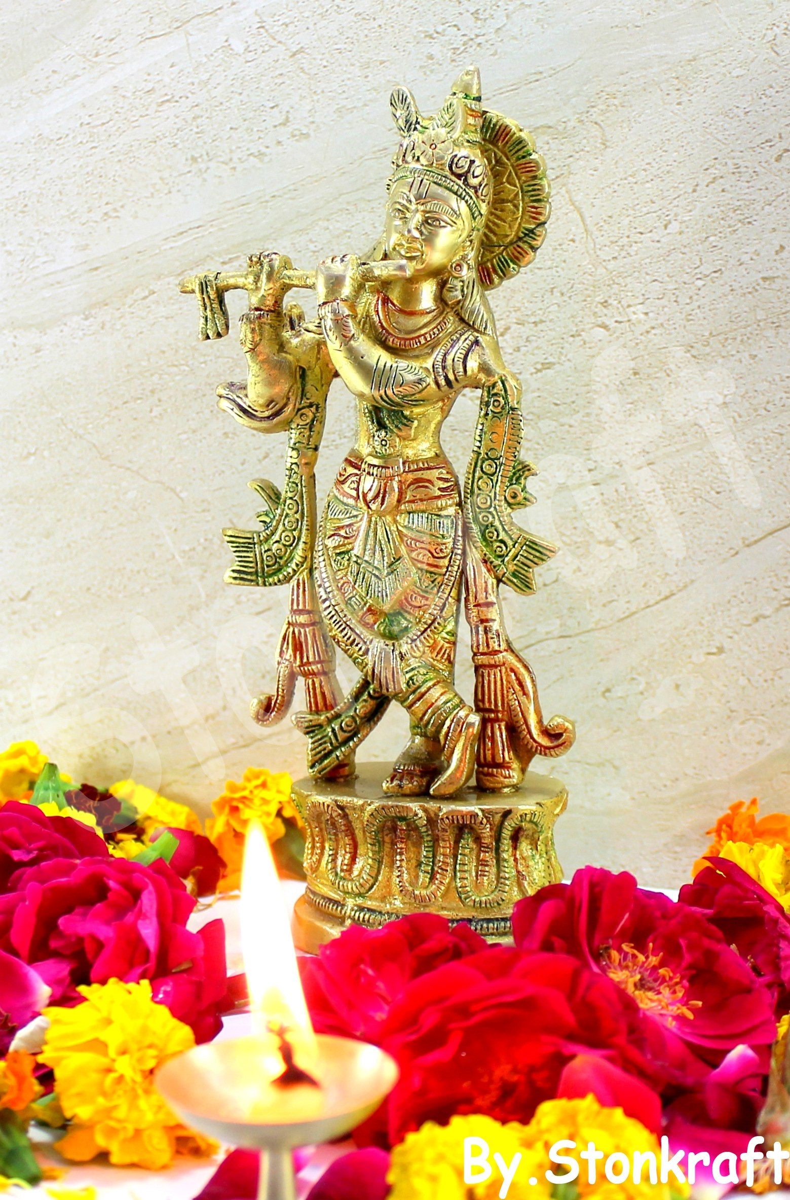 StonKraft - Lord Krishna Kishan Kanha with Kamdhenu Cow Murti Idol Statue Sculpture - Brass - 8" & 9" - Multicolor