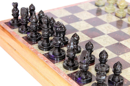 StonKraft Handcarved Chess Board with Wooden Base - Stone Inlaid Work - Chess Game Board Set