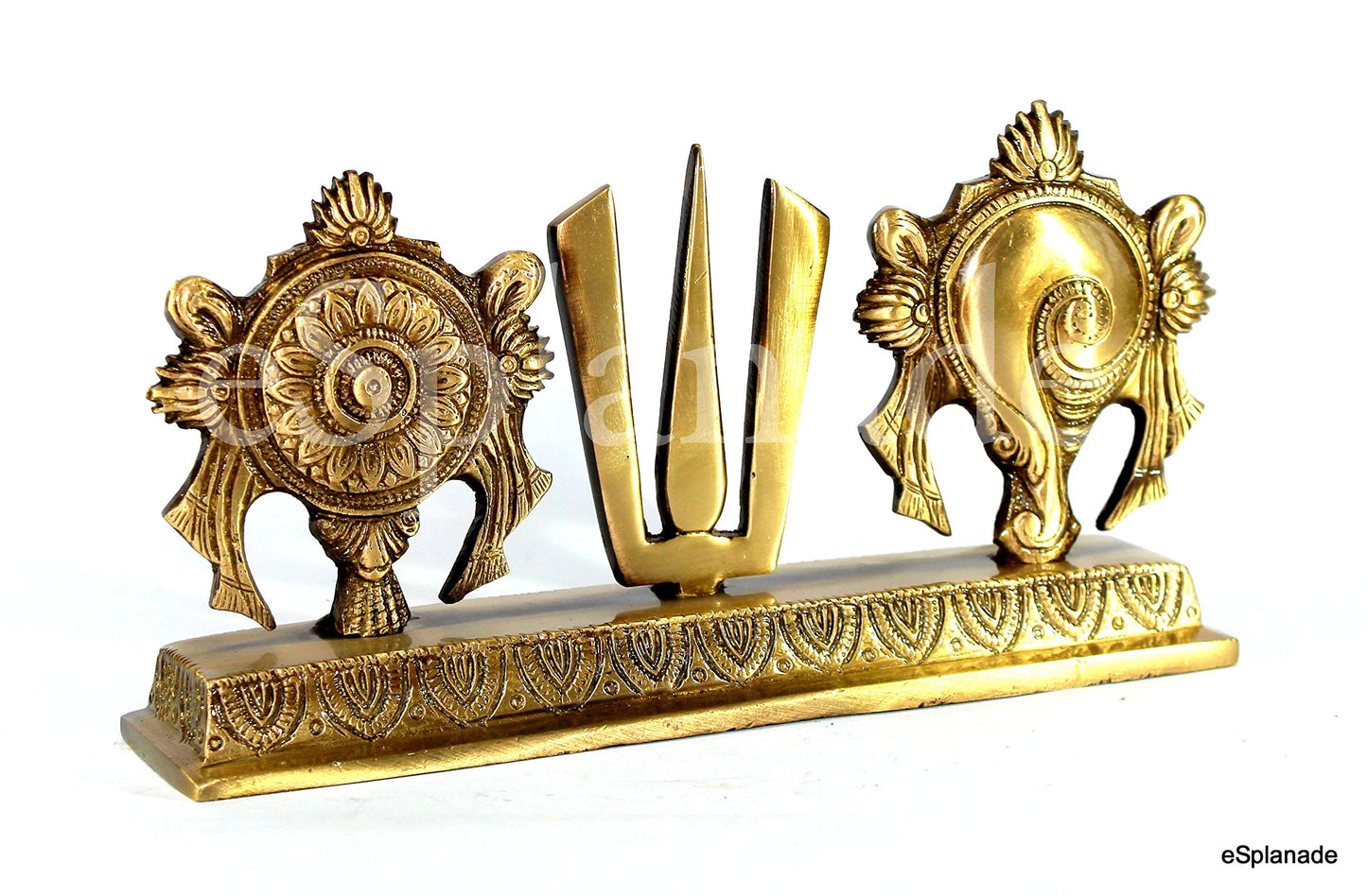 eSplanade Brass Shankh Chakra Namah Showpiece | Shankha Chakra Tilak | Shankha Gada Padma | Padmanabha Swami | Vishnu | Home Decor (8 Inches)