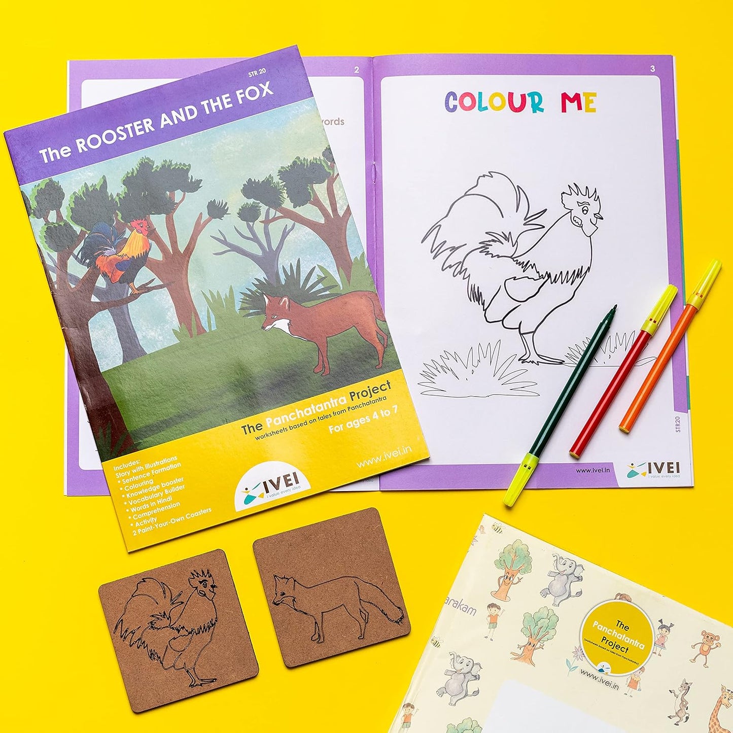 IVEI Panchatantra Kids Learning Book - Workbook and 2 DIY coasters of Panchatantra Story - Colouring Activity Worksheets - Creative Fun Activity and Education For Kids - The Rooster and the Fox